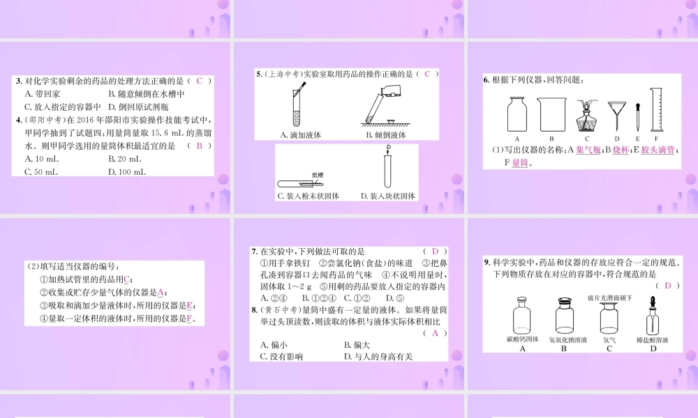 九年级化学上册 第一单元 走进化学世界 课题3 第1课时 常用仪器 药品的取用(增分课练)习题课件 (新版)新人教版 课件