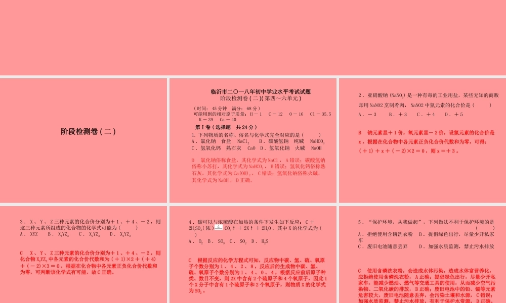 (临沂专版)中考化学总复习 第三部分 模拟检测 冲刺中考 阶段检测卷(二)课件 新人教版 课件