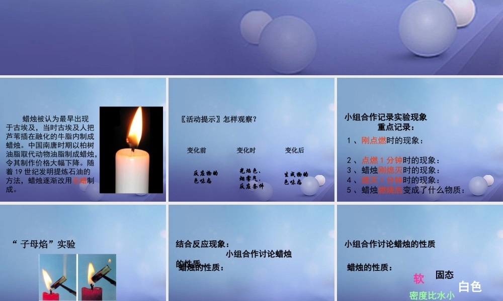 九年级化学上册 12 体验化学探究 观察蜡烛的燃烧素材 (新版)鲁教版 素材