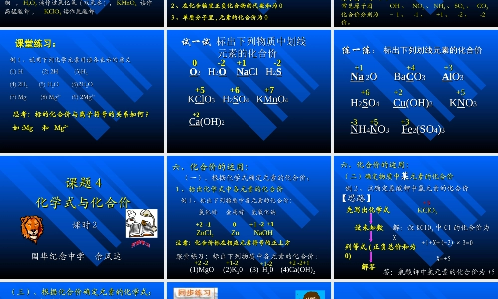 九年级化学上册第四单元课题4 化学式与化合价课件人教新课标 课件