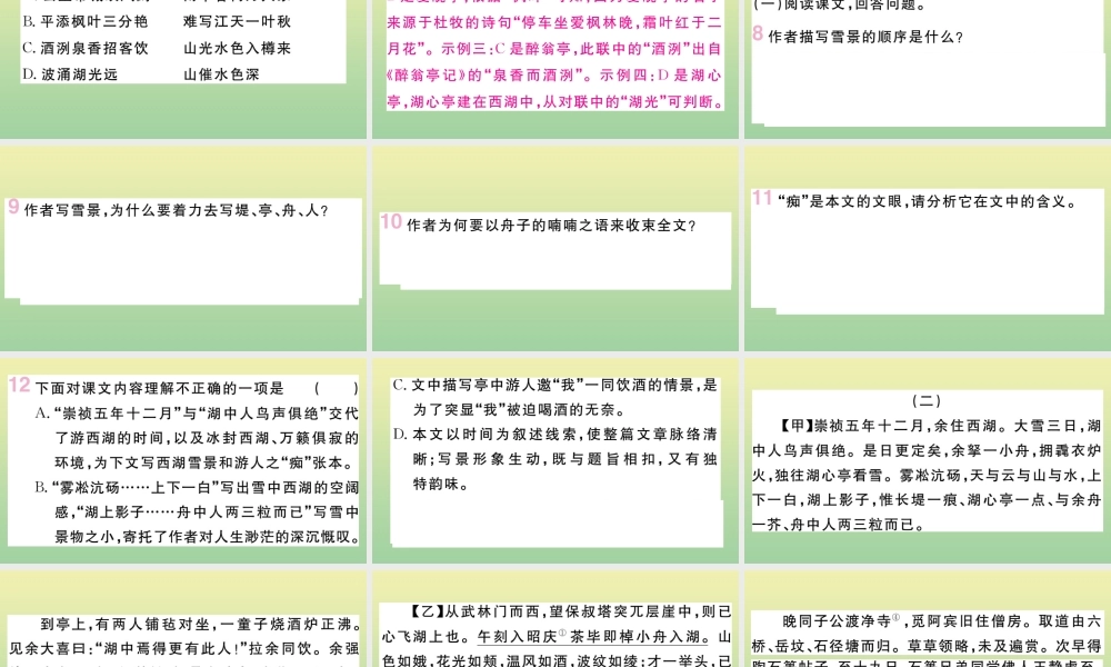 (黄冈专版)九年级语文上册 第三单元 12 湖心亭看雪作业课件 新人教版 课件