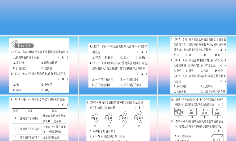 (湖北专版)中考化学总复习 第1部分 教材系统复习 九上 第3单元 物质构成的奥秘习题课件1 课件