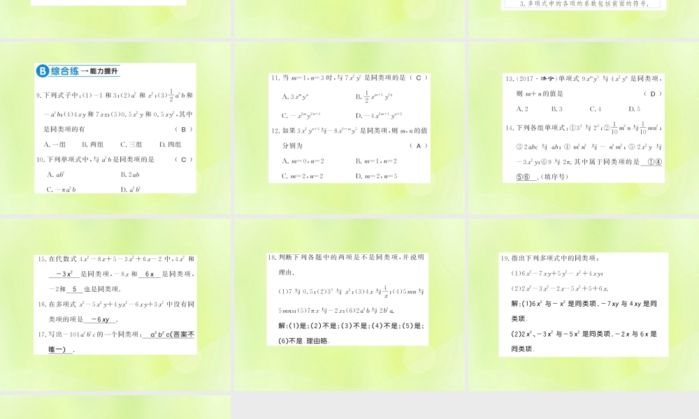 七年级数学上册 第3章 整式的加减 3.4 整式的加减 第1课时 同类项习题课件 (新版)华东师大版 课件