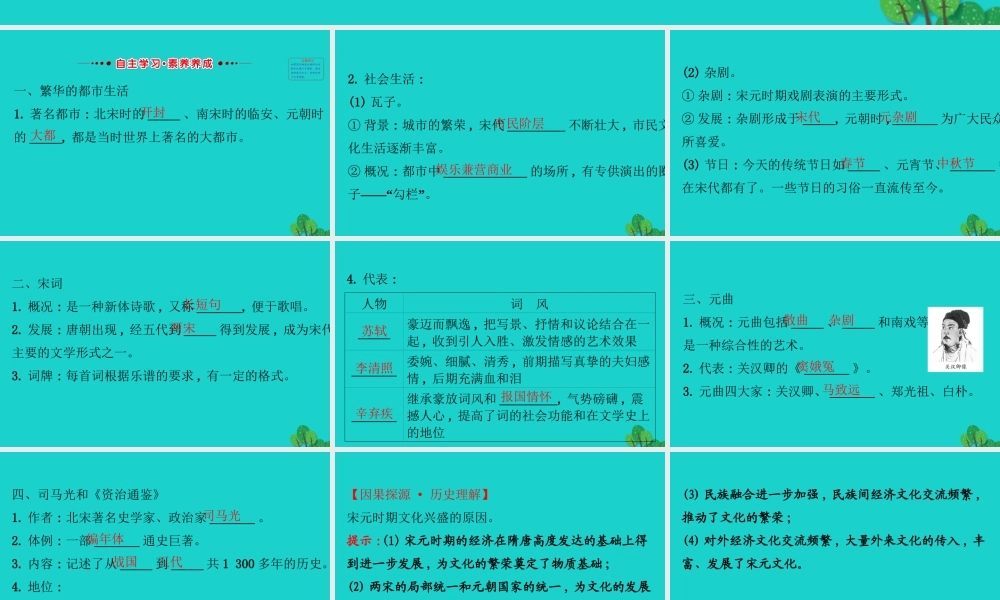 七年级历史下册 第二单元 辽宋夏金元时期：民族关系发展和社会变化 第12课宋元时期的都市和文化习题课件 新人教版 课件