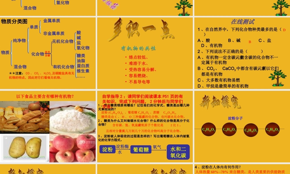 九年级化学 第八单元 第一节食物中的有机物课件 鲁教版 课件