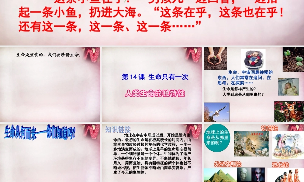 七年级政治下册 第四单元 第14课 第1框 人类生命的独特性课件 苏教版 课件
