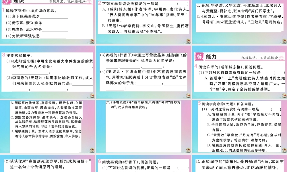 (贵州专版)九年级语文上册 第六单元 课外古诗词作业课件 新人教版 课件