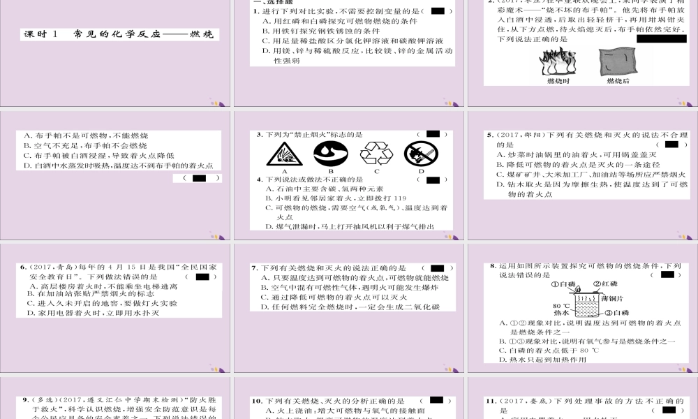 (遵义专版)中考化学总复习 第1编 教材知识梳理篇 第4章 认识化学变化 课时1 常见的化学反应—燃烧(精练)课件