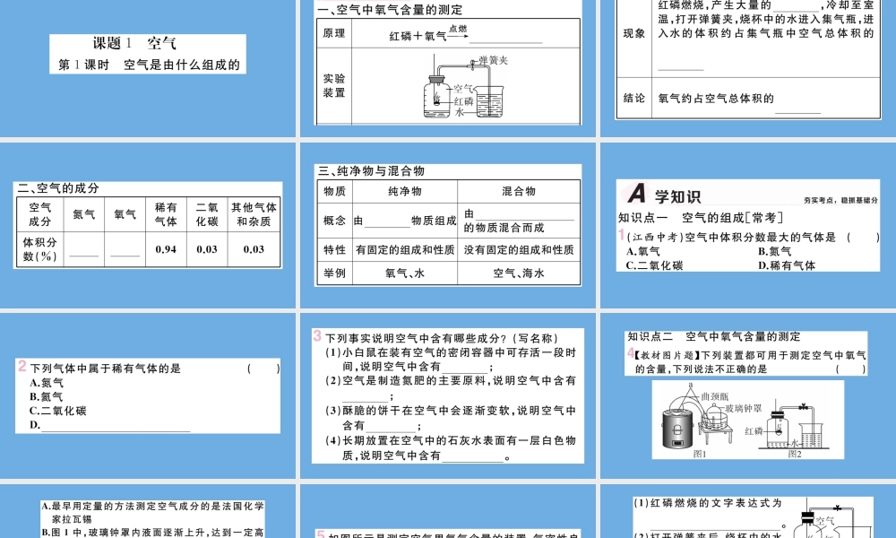 九年级化学上册 第二单元 我们周围的空气 课题1 空气 第1课时 空气是由什么组成的习题讲评课件 (新版)新人教版 课件