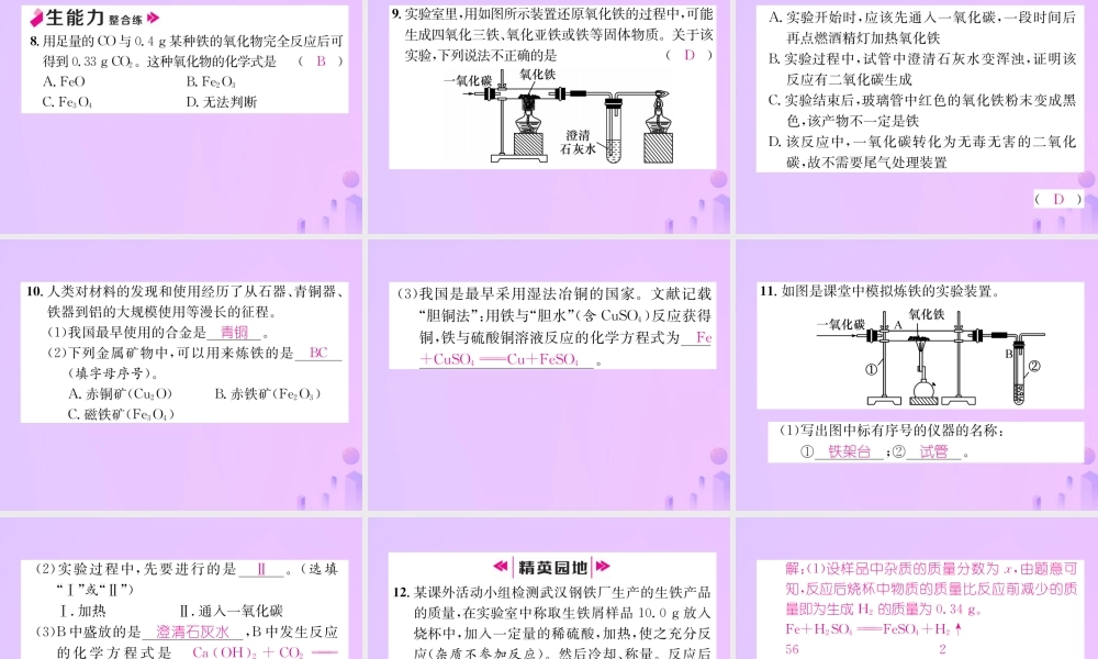 九年级化学下册 第8单元 金属和金属材料 课题3 金属资源的利用和保护 第1课时 铁的冶炼作业课件 (新版)新人教版 课件