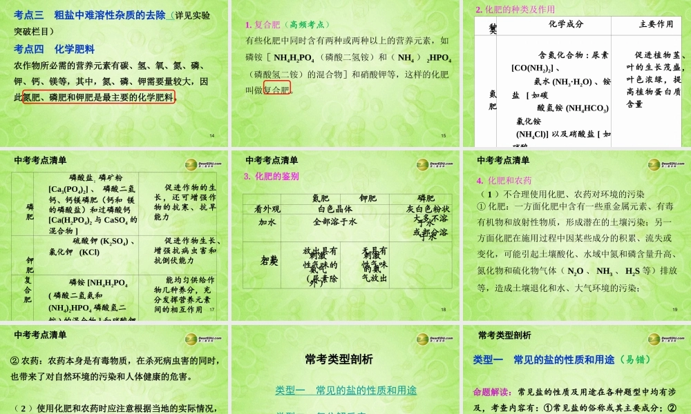 (湖南专用)中考化学总复习 第一部分 第十一单元　盐　化肥课件(考点清单+13年中考试题) 课件