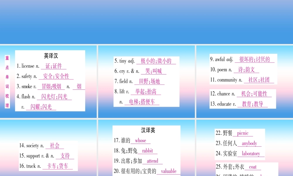 (湖北专用版)版中考英语复习 第一篇 教材系统复习 考点精讲十九 九全 Units 7 8实用课件