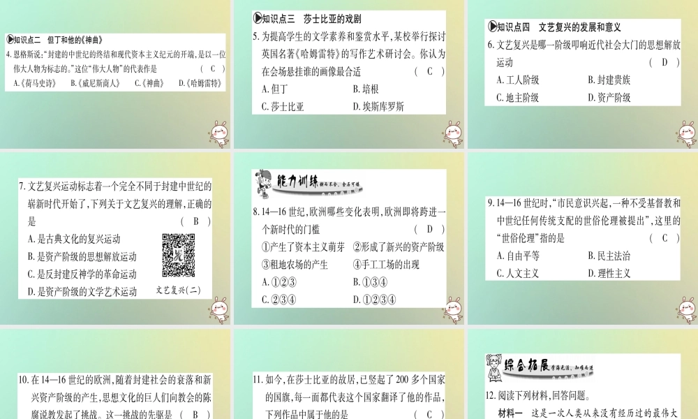 九年级历史上册 第3单元 近代早期的西欧 第12课 欧洲文艺复兴课件 中华书局版 课件