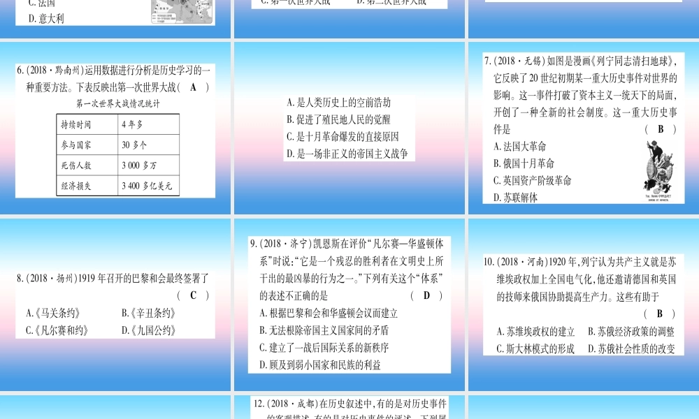 (云南专用)中考历史总复习 第一篇 考点系统复习 板块5 世界现代史 主题一 第一次世界大战和俄国十月革命 第一次世界大战后的世界(精练)课件