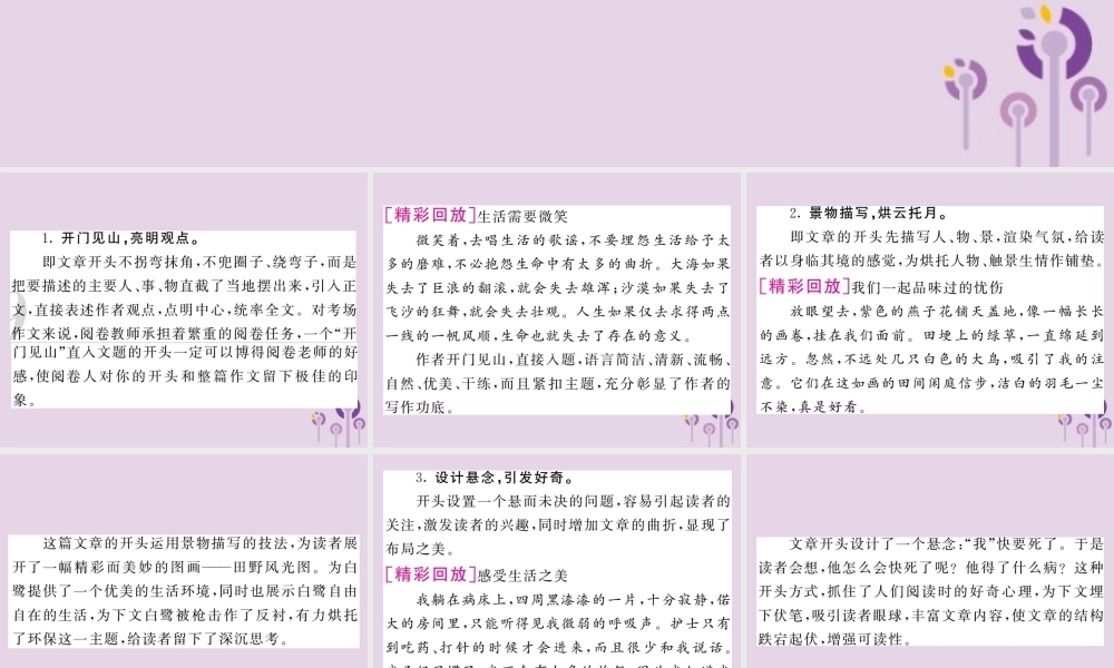 中考语文复习 第二轮 专题突破 第五部分 写作训练 第四讲 展现靓丽的凤头课件 新人教版 课件