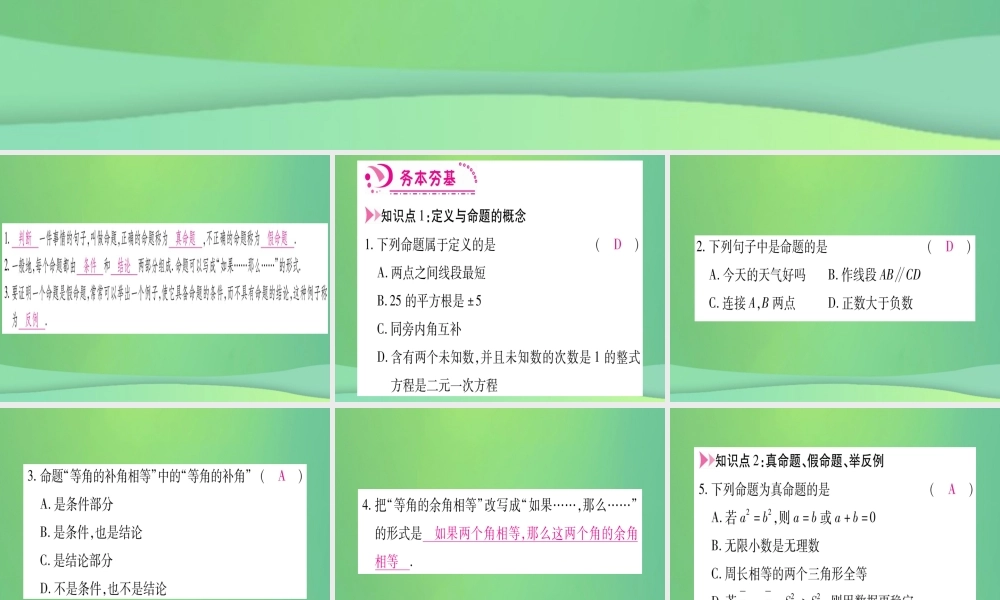 (江西专用)八年级数学上册 第7章 平行线的证明 7.2 定义与命题 第1课时 定义与命题作业课件 (新版)北师大版 课件