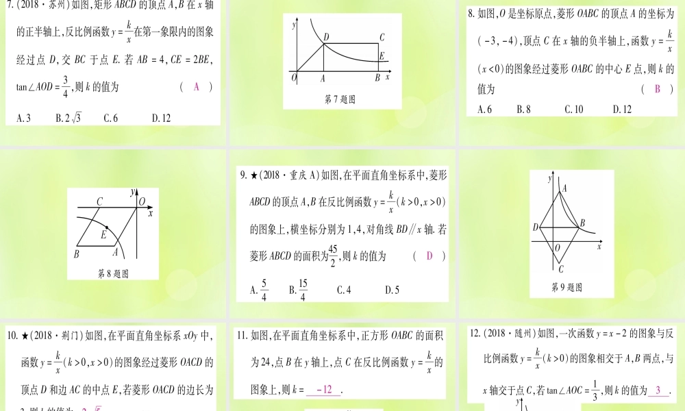 (湖北专用版)版中考数学总复习 第二轮 专项突破4 反比例函数的综合题 类型2 反比例函数与几何图形综合实用课件