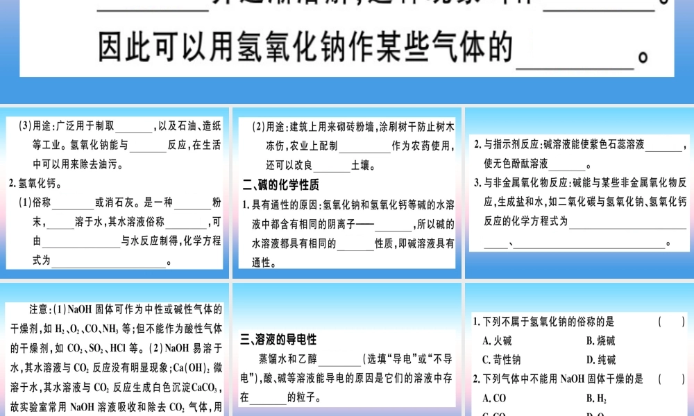 九年级化学下册 第十单元 酸和碱 课题1 第4课时 常见的碱 碱的化学性质习题课件 新人教版 课件