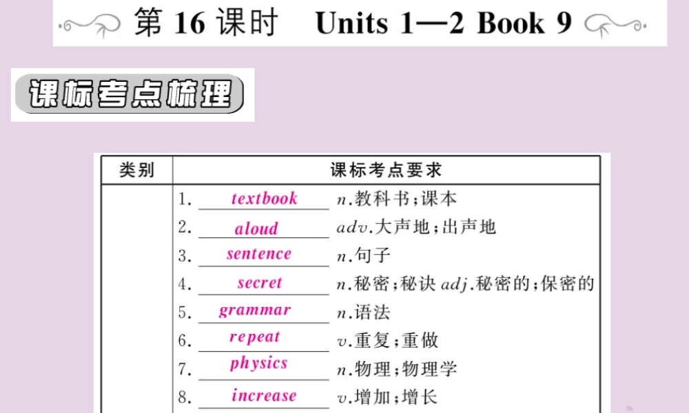 中考英语复习 第一篇 教材过关 九全 第16课时 Units 1 2课件