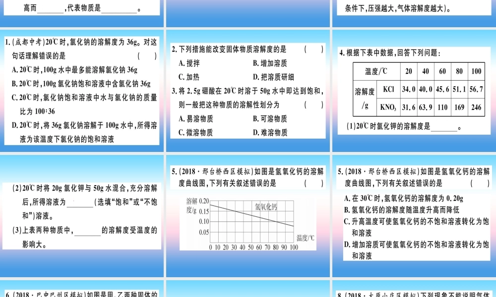 九年级化学下册 第九单元 溶液 课题2 第2课时 溶解度习题课件 新人教版 课件