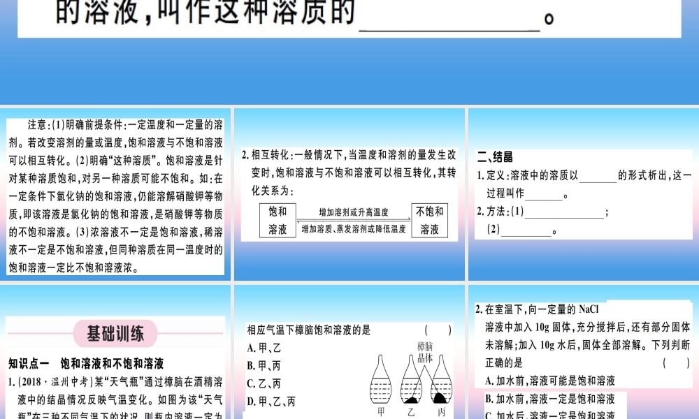 九年级化学下册 第九单元 溶液 第1课时 饱和溶液与不饱和溶液习题课件 (新版)新人教版 课件