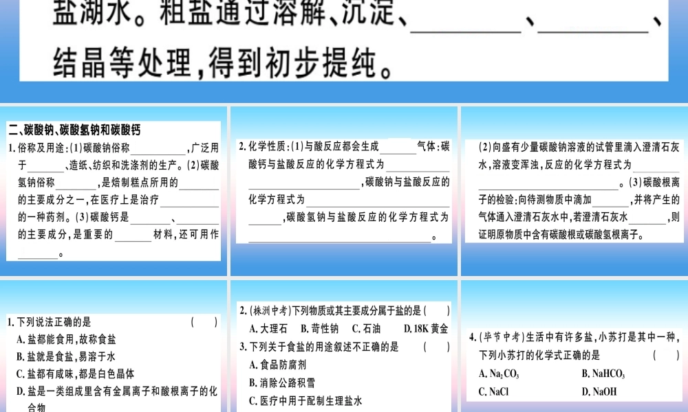 九年级化学下册 第十一单元 盐 化肥 课题1 第1课时 氯化钠、碳酸钠、碳酸氢钠和碳酸钙习题课件 新人教版 课件