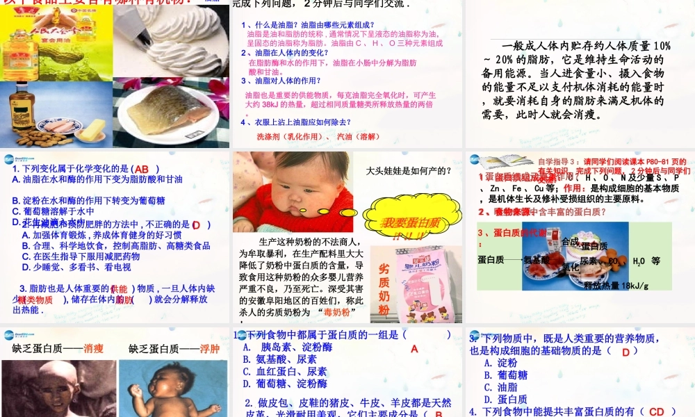 九年级化学下册 111 食物中的有机物课件 (新版)鲁教版 课件