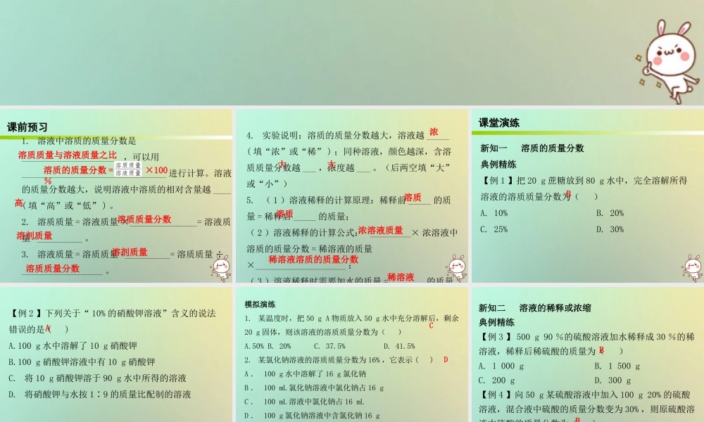 九年级化学下册 第九单元 溶液 课题3 溶解的浓度 课时1 溶质的质量分数(内文)课件 (新版)新人教版 课件