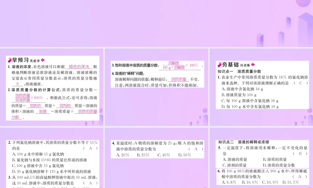 九年级化学下册 第9单元 溶液 课题3 溶液的浓度 第1课时 溶液的溶质质量分数作业课件 (新版)新人教版 课件