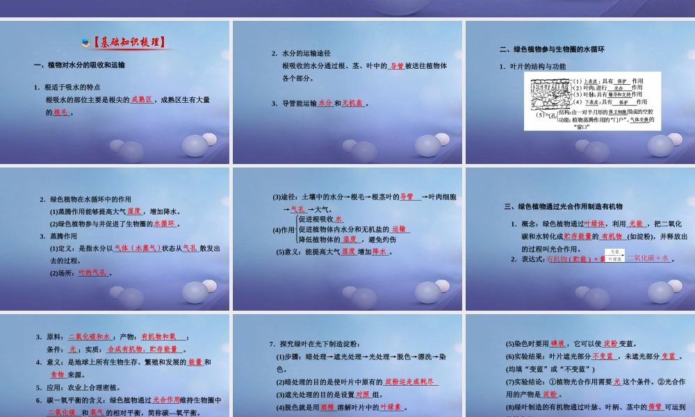 中考生物一轮复习 第三单元 第三 六章 绿色植物的三大作用以及爱护植被绿化祖国课件 新人教版 课件