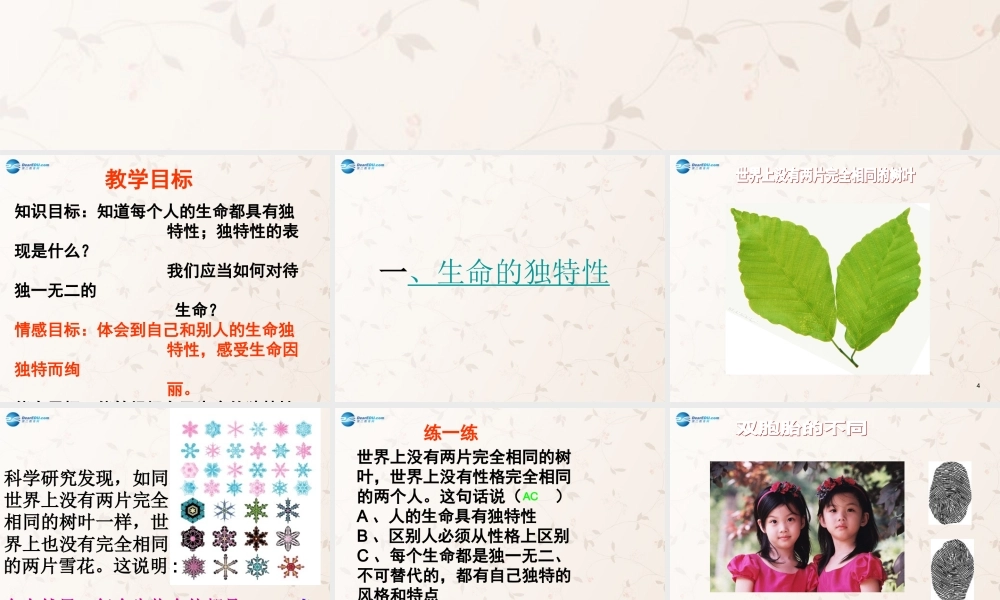 七年级政治上册 3.2 生命因独特而绚丽课件2 新人教版 课件