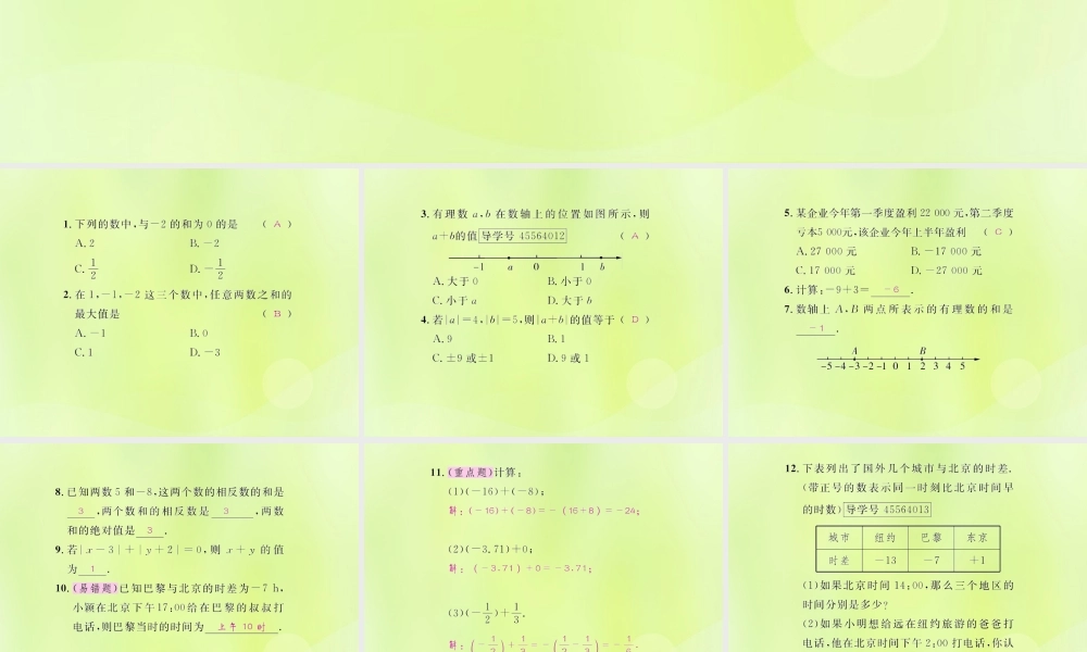 (遵义专版)七年级数学上册 第一章 有理数 1.3 有理数的加减法 1.3.1 有理数的加法 第1课时 有理数的加法课后作业课件 (新版)新人教版 课件