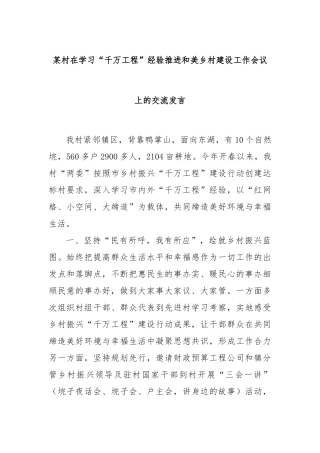 某村在学习“千万工程”经验推进和美乡村建设工作会议上的交流发言