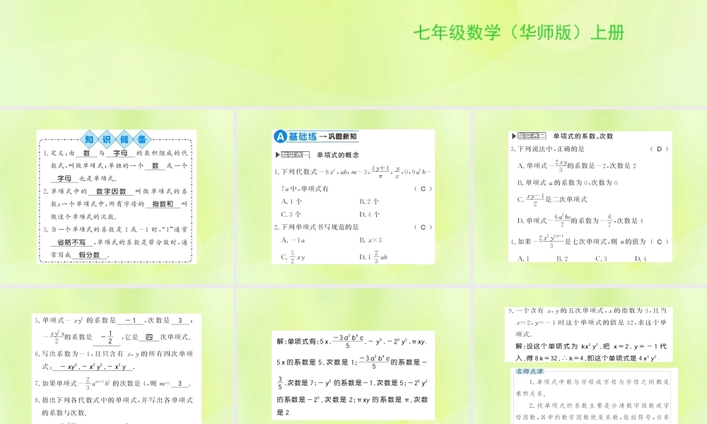 七年级数学上册 第3章 整式的加减 3.3 整式 第1课时 单项式习题课件 (新版)华东师大版 课件