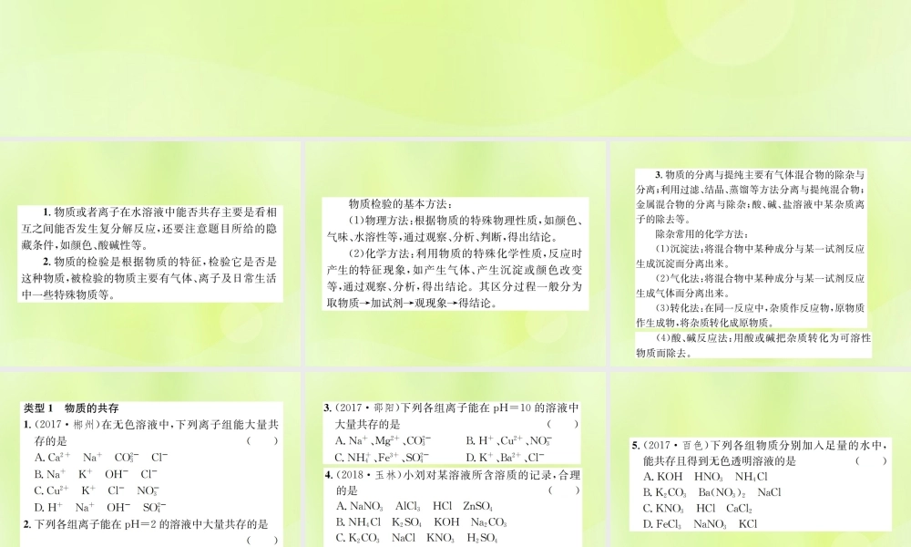 九年级化学下册 第十一单元 盐 化肥 滚动小专题(四)物质的共存、鉴别与除杂复习课件 (新版)新人教版 课件