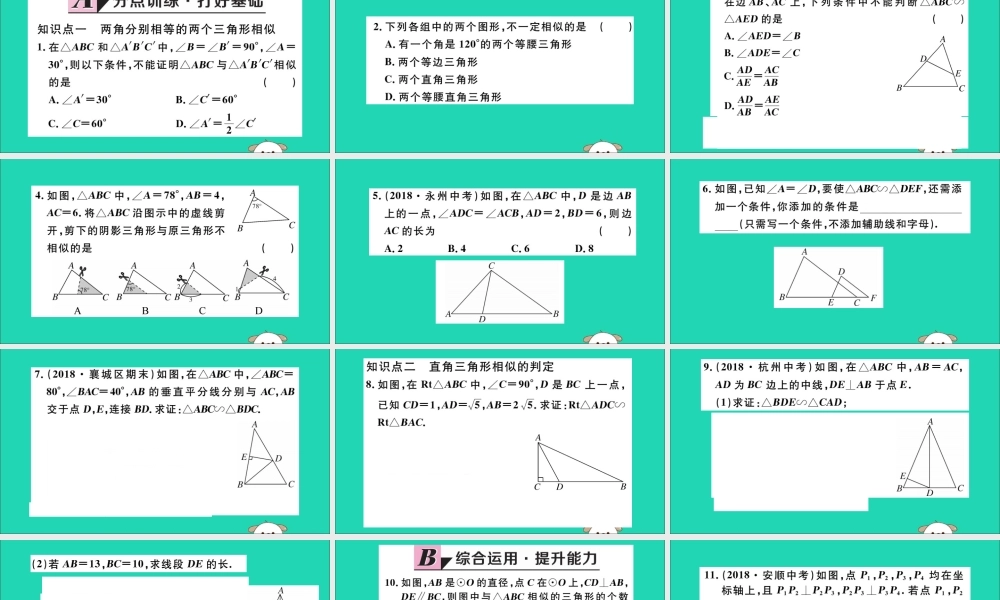 (湖北专用)九年级数学下册 第27章 相似 27.2 相似三角形 27.2.1 相似三角形的判定 第4课时 两角分别相等的两个三角形相似习题讲评课件 (新版)新人教版 课件