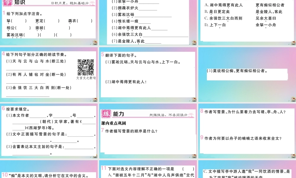 (贵州专版)九年级语文上册 第三单元 12 湖心亭看雪作业课件 新人教版 课件