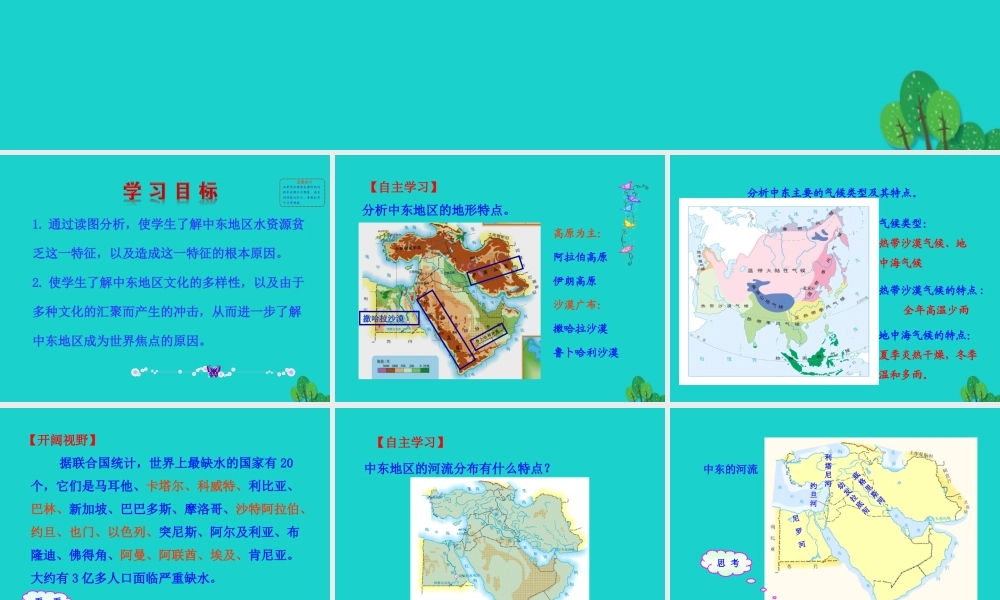 七年级地理下册 第八章 第一节 中东(二匮乏的水资源 多元的文化)课件 七年级地理下册 第八章 第一节 中东课件+素材(新版)新人教版