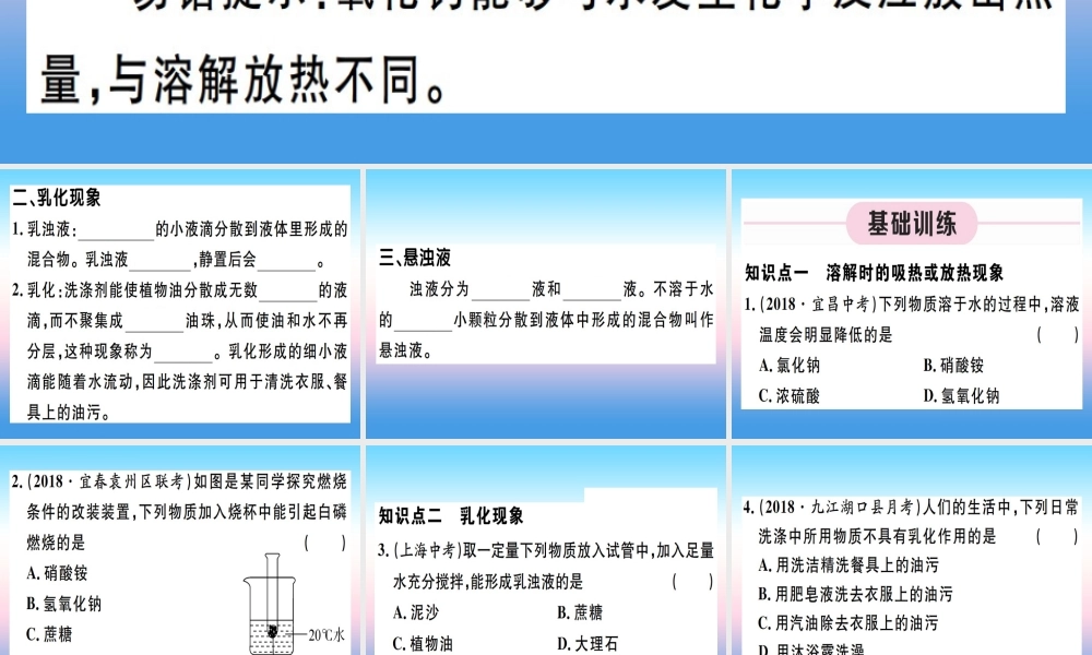 九年级化学下册 第九单元 溶液 第2课时 溶解时的热量变化及乳化现象习题课件 (新版)新人教版 课件