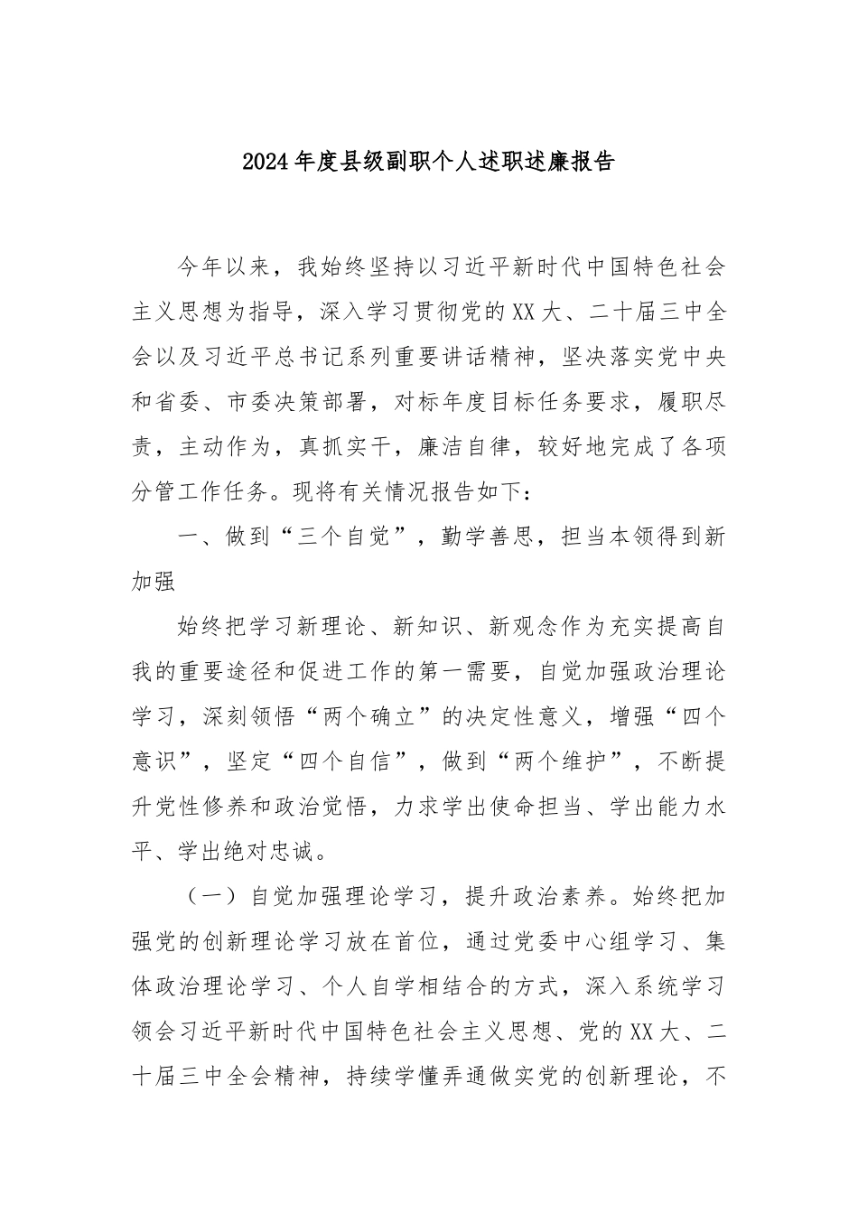 2024年度县级副职个人述职述廉报告_第1页