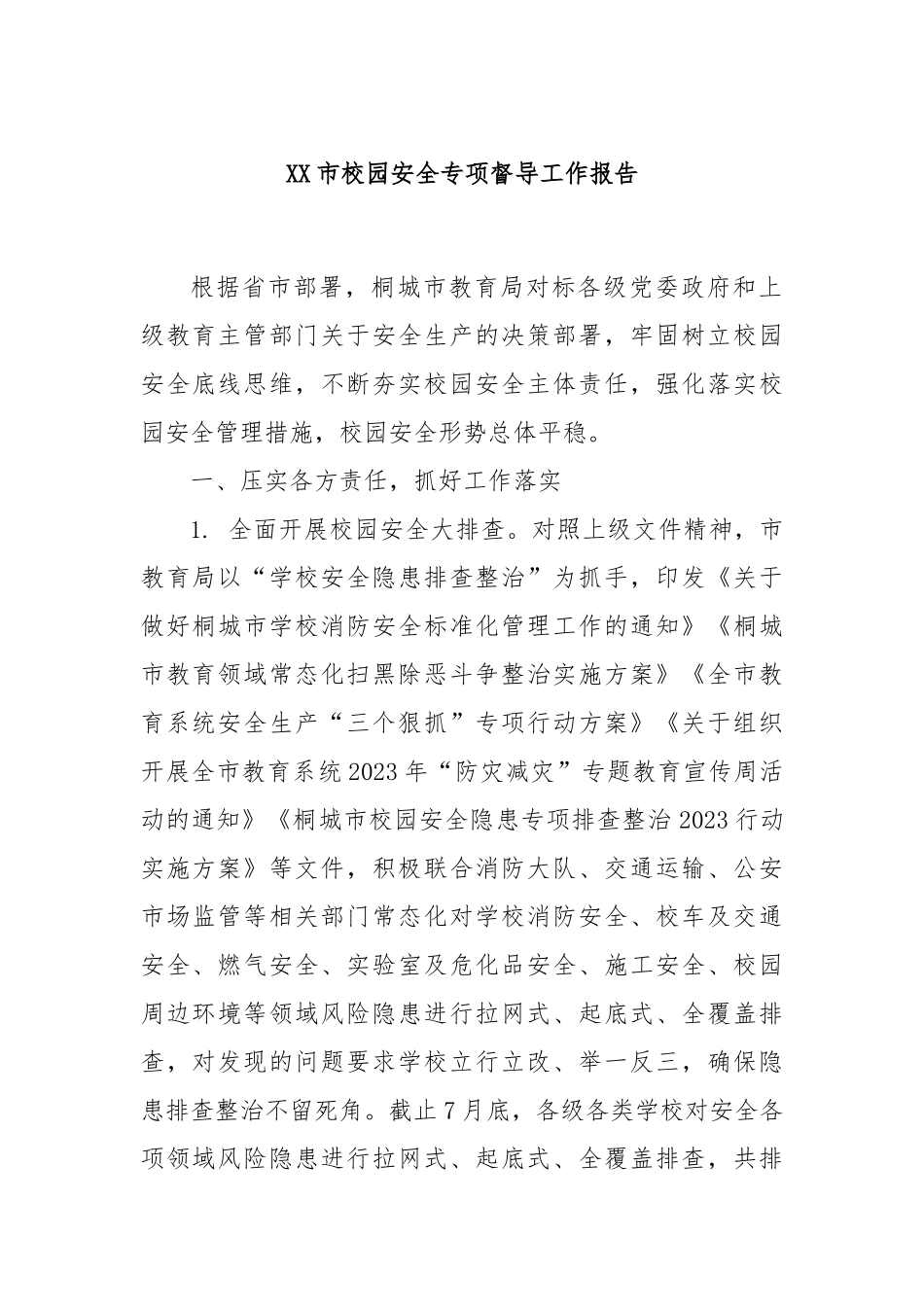 XX市校园安全专项督导工作报告_第1页
