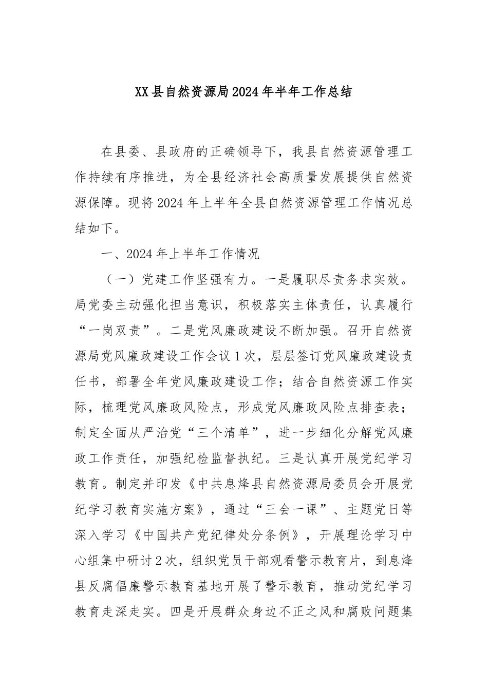 XX县自然资源局2024年半年工作总结_第1页