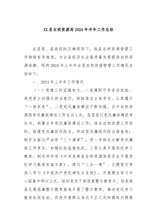 XX县自然资源局2024年半年工作总结