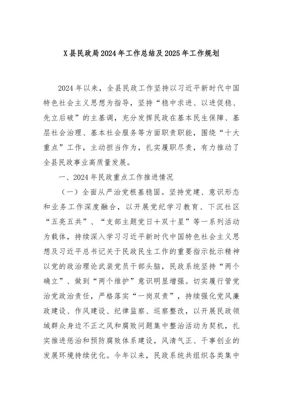 X县民政局2024年工作总结及2025年工作规划_第1页