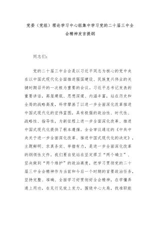 党委（党组）理论学习中心组集中学习党的二十届三中全会精神发言提纲