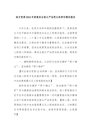 地方党委2024年度落实全面从严治党主体责任情况报告