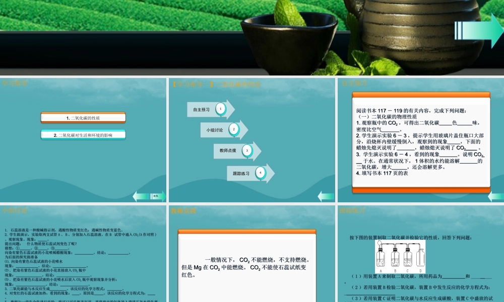 九年级化学上册 第六单元 碳和碳的氧化物 课题3 二氧化碳和一氧化碳 第1课时 二氧化碳课堂导学课件 (新版)新人教版 课件