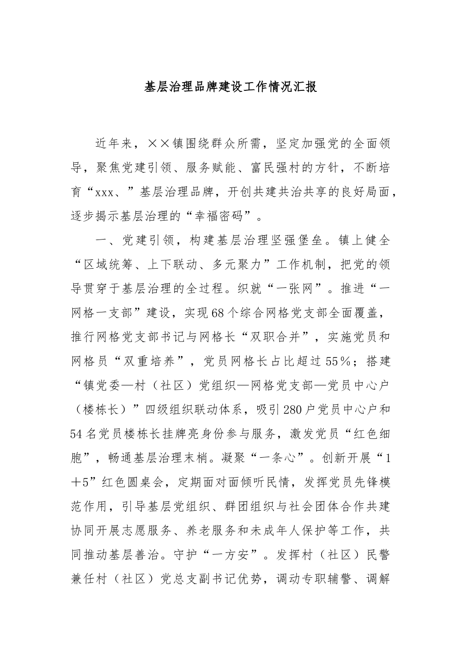 基层治理品牌建设工作情况汇报_第1页