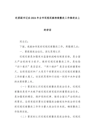 纪委副书记在2024年全市巡视巡察持续整改工作推进会上的讲话