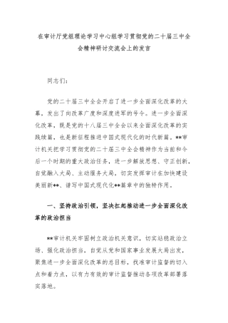 在审计厅党组理论学习中心组学习贯彻党的二十届三中全会精神研讨交流会上的发言